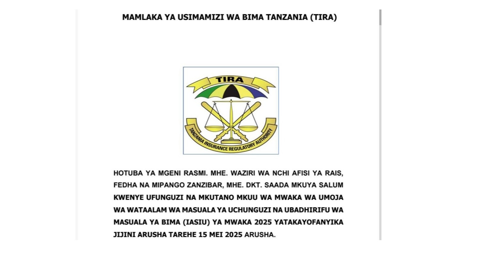 Hotuba Mhe Dkt Saada Mkuya katika mkutano wa IASIU pamoja na TIRA