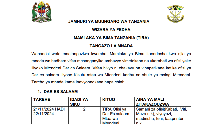 TANGAZO LA KUFANYIKA KWA MNADA WA KUUZA VIFAA CHAKAVU